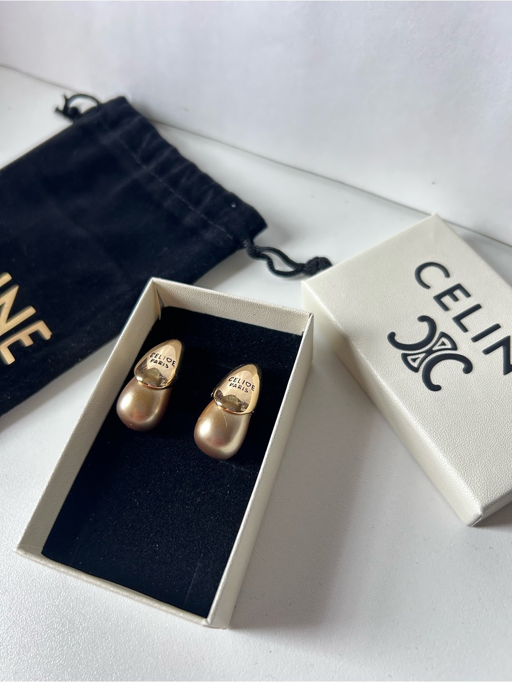 Vintage Celine Paris Gold & Champagne Pearl Drop Earrings